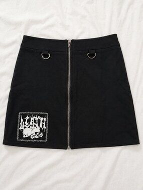 Black Death Skull Gothic Mini Skirt with Zipper & D-Ring Women's US 6/EU 38